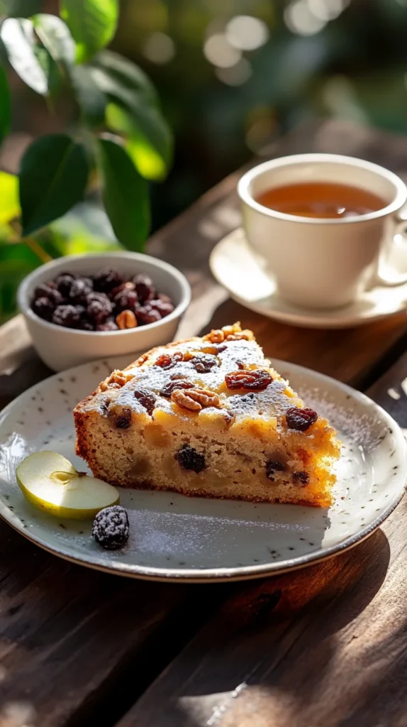 Close-up of a slice from a homemade applesauce cake recipe, featuring raisins and walnuts, ready to enjoy on a cozy table.