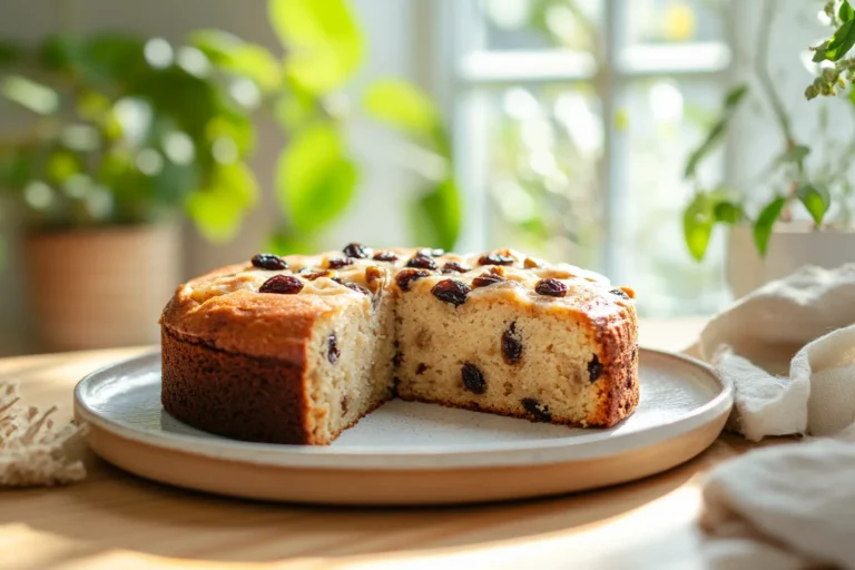 A slice of moist applesauce cake served on a ceramic plate, part of a homemade applesauce cake recipe with raisins, walnuts, and cinnamon, in natural light