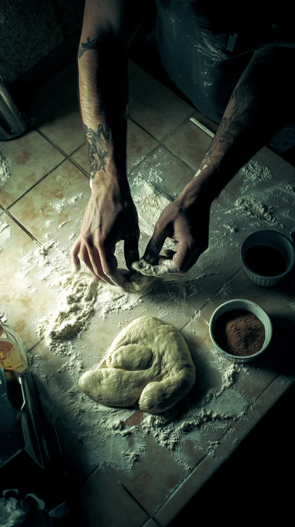 Ingredients for Better Call Saul cinnamon rolls arranged on a wooden counter, shot in cinematic warm tones