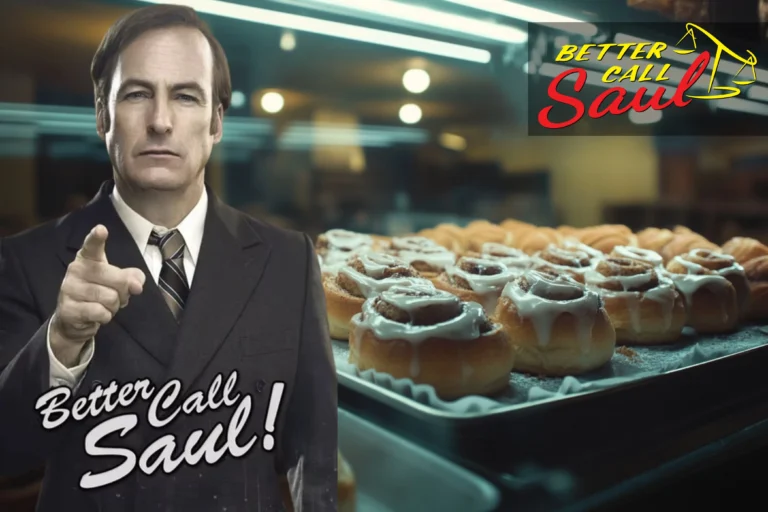 Back view of Saul Goodman standing in a desert setting, looking at a tray of Better Call Saul cinnamon rolls with cream cheese icing under golden hour light.