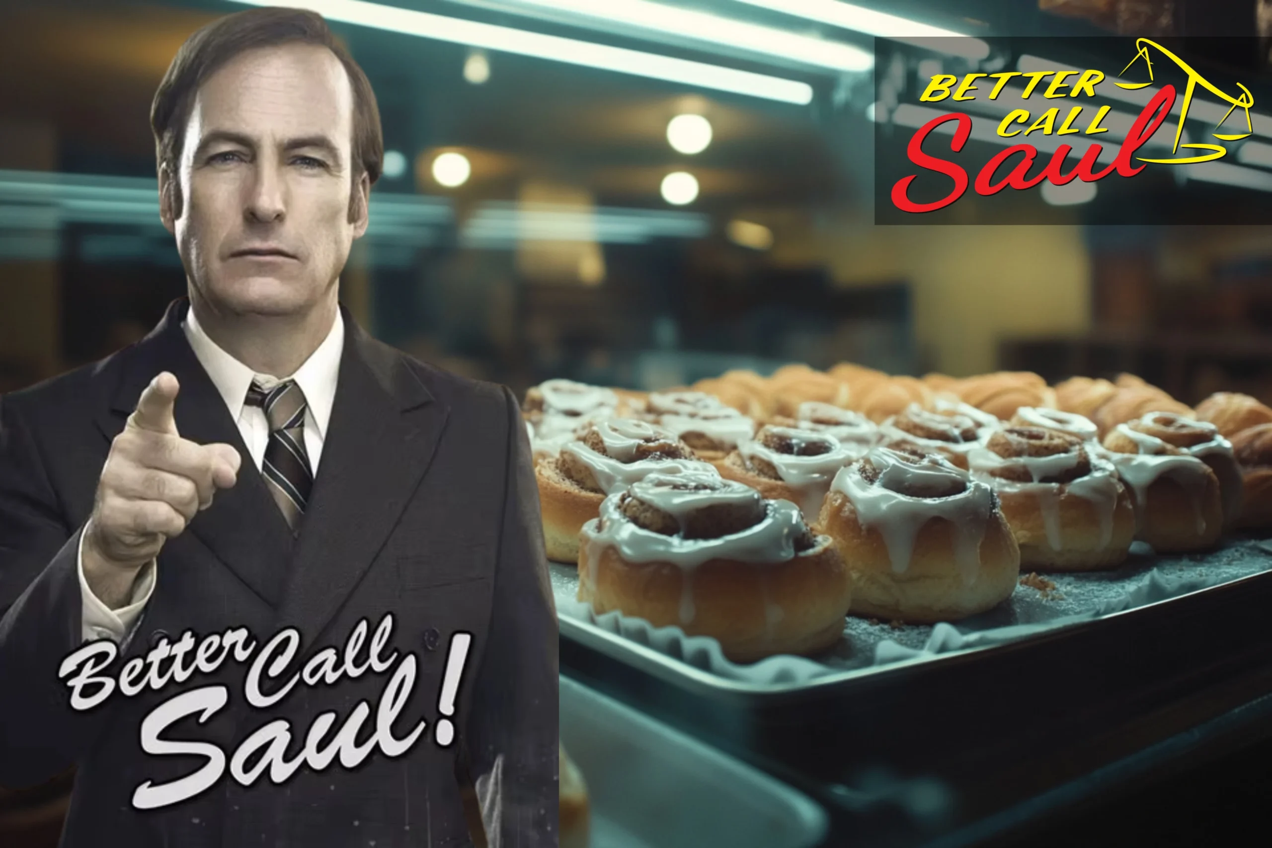 Back view of Saul Goodman standing in a desert setting, looking at a tray of Better Call Saul cinnamon rolls with cream cheese icing under golden hour light.