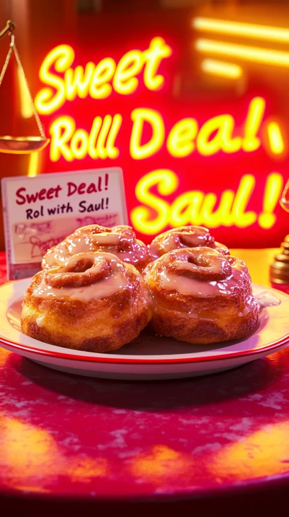 Back view of Saul Goodman facing a tray of Better Call Saul cinnamon rolls in a desert scene, golden light.