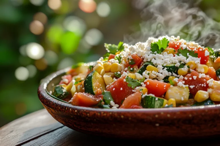 Close-up of a freshly cooked calabacitas dish with zucchini, corn, tomatoes, and green chiles in a rustic ceramic plate, served outdoors on a wooden table under natural sunlight.