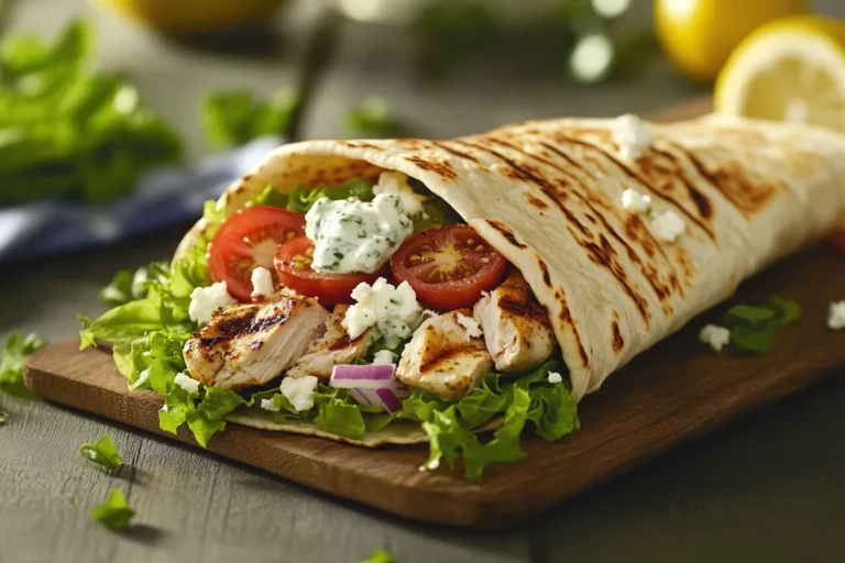 Freshly made chicken pita recipe with grilled chicken, creamy tzatziki, veggies, feta cheese, and olives served with Greek salad and roasted potatoes.