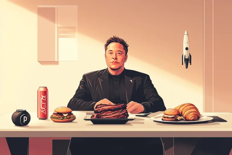 A realistic outdoor photo of Elon Musk’s favorite foods including BBQ ribs, donut, croissant, and Diet Coke, served on a Tesla with an American flag in the background.