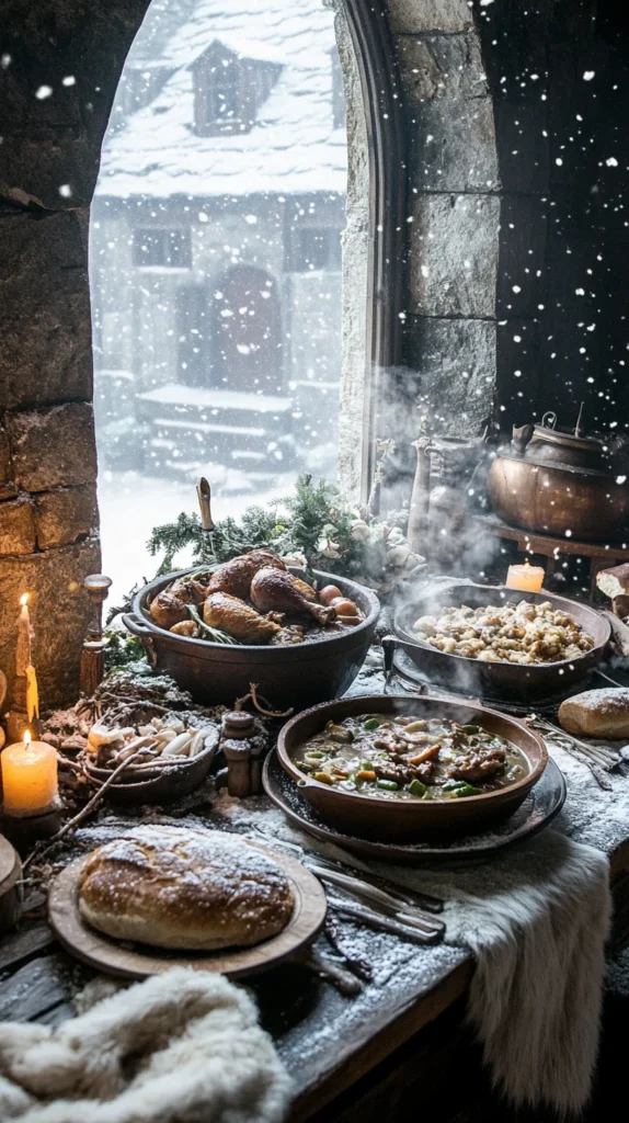 A dimly lit stone hall with candles illuminating a traditional Westerosi feast, evoking the ceremonial atmosphere of Game of Thrones food.
