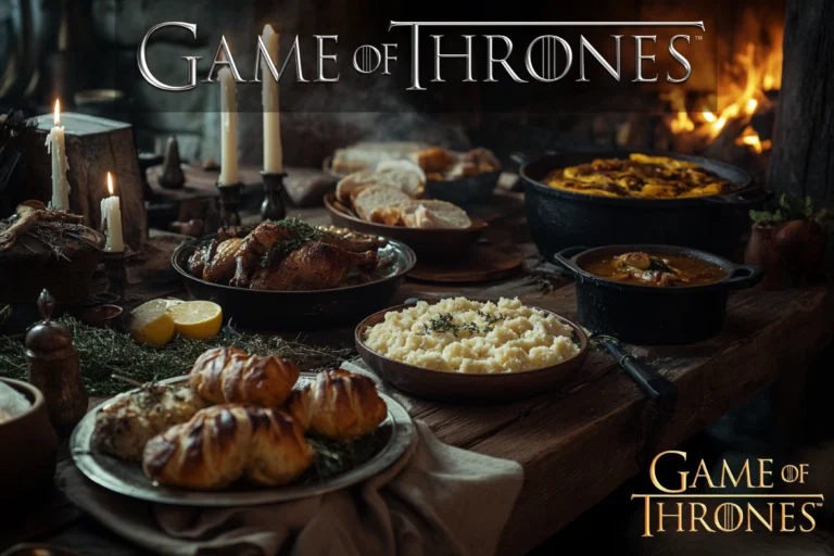 A medieval feast table inspired by Game of Thrones food, featuring lemon cakes, fish stew, direwolf bread, and roasted chicken, with Jon Snow seated at the head of the table