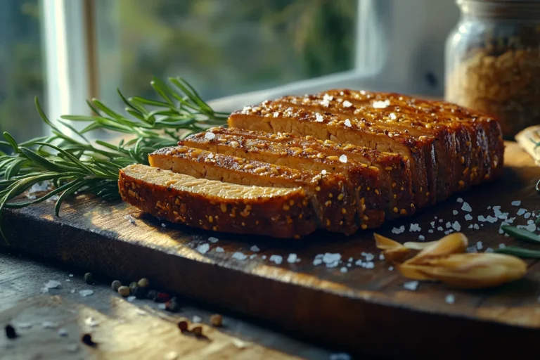 Homemade seitan steak sliced into juicy pieces, served on a rustic wooden board with fresh herbs, realistic and delicious, perfect example of an easy seitan recipe
