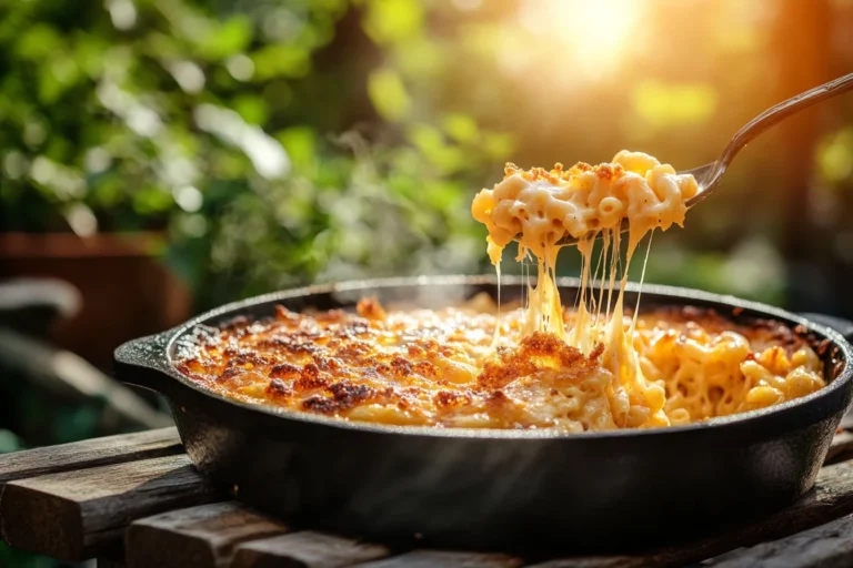 Smoked mac and cheese recipe served bubbling hot in a cast iron skillet on a rustic wooden picnic table, with a golden crispy topping and light smoke rising in a sunny backyard setting
