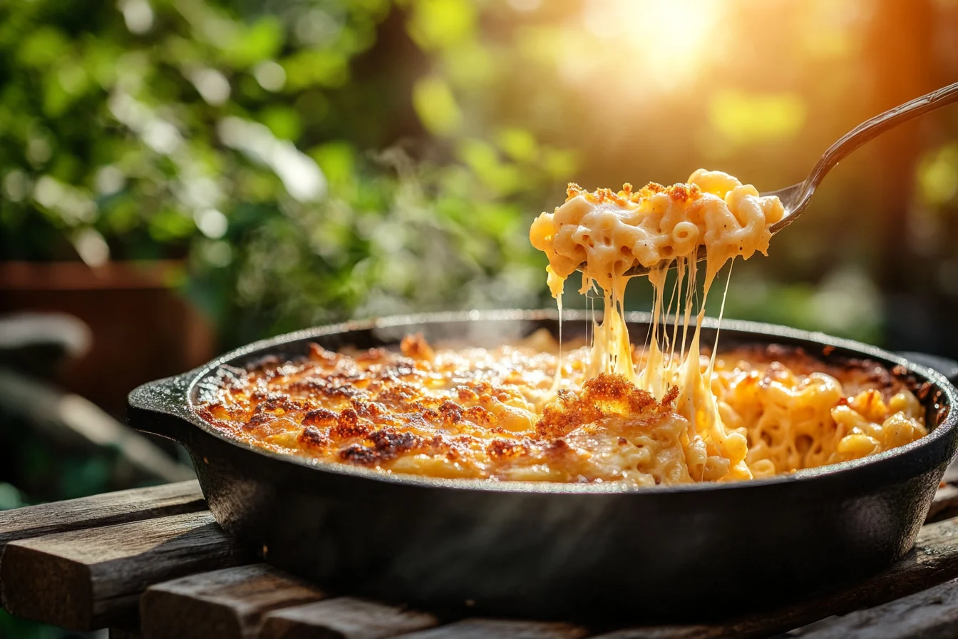 Smoked mac and cheese recipe served bubbling hot in a cast iron skillet on a rustic wooden picnic table, with a golden crispy topping and light smoke rising in a sunny backyard setting