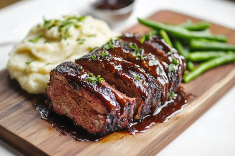 Sliced smoked meatloaf glazed with BBQ sauce, served with mashed potatoes and green beans on a white plate
