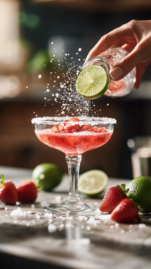Blending ingredients for strawberry margarita recipe