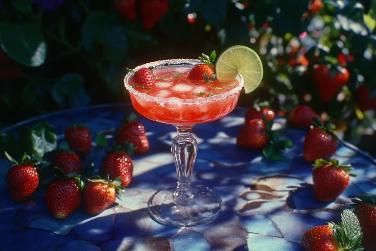 resh and vibrant strawberry margarita served in a chilled glass with a sugar rim, garnished with a lime wedge and fresh strawberry, perfect for a homemade strawberry margarita recipe.