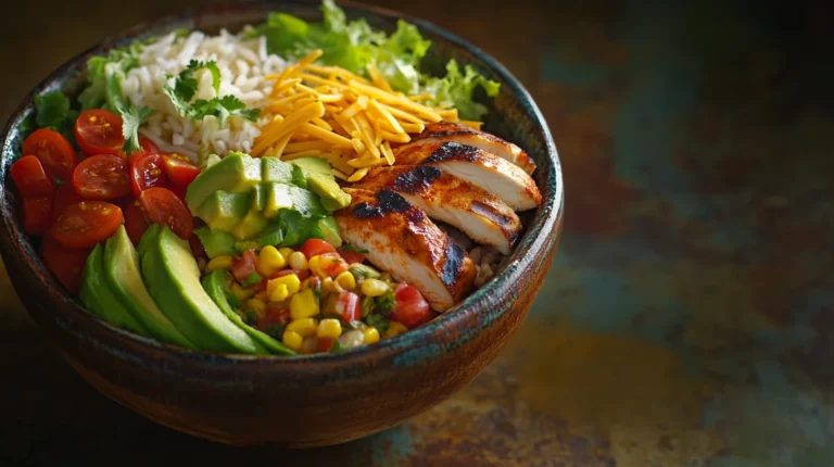 Fresh and colorful taco bowl recipe with seasoned chicken, avocado, tomatoes, and rice, perfect for a quick and easy main dish
