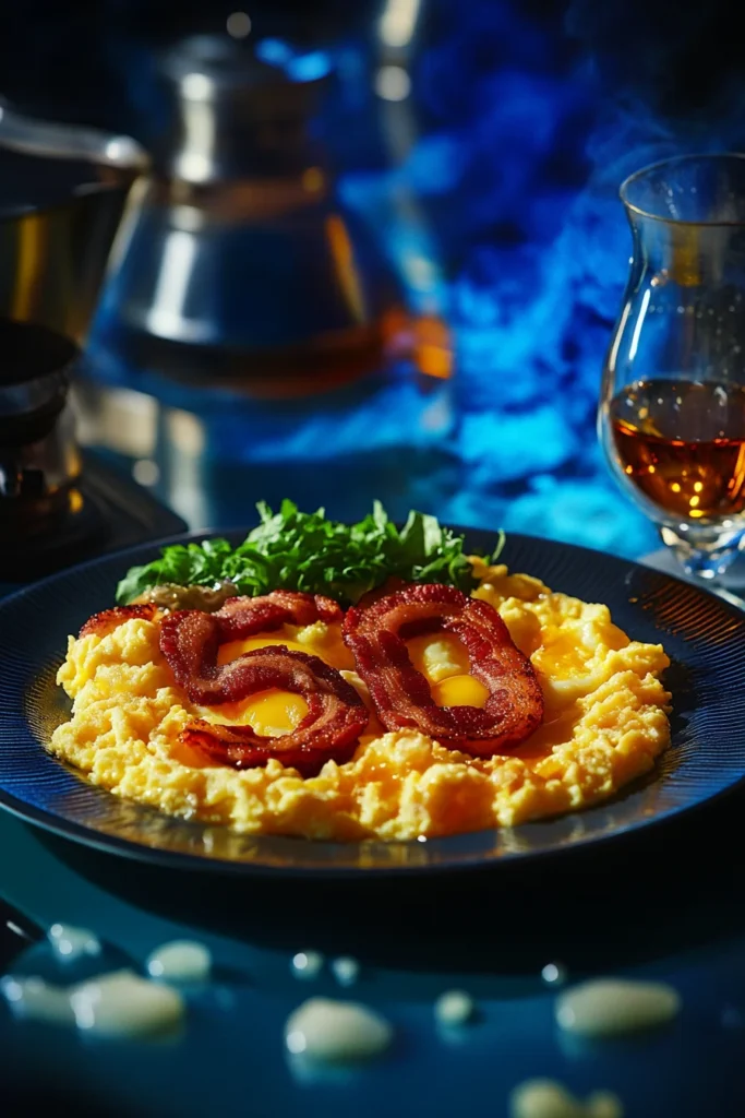 Realistic image of a breakfast plate with scrambled eggs and bacon shaped into the number '50', served in the sterile and industrial meth lab of Breaking Bad. A simple, iconic meal amidst the chaos of Walter White’s world