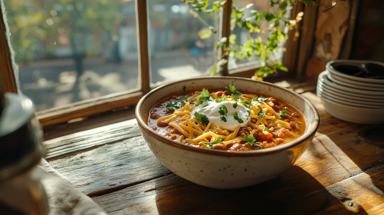 Delicious bowl of venison chili topped with shredded cheese, sour cream, and fresh herbs, served on a rustic wooden table in a cozy, sunlit kitchen