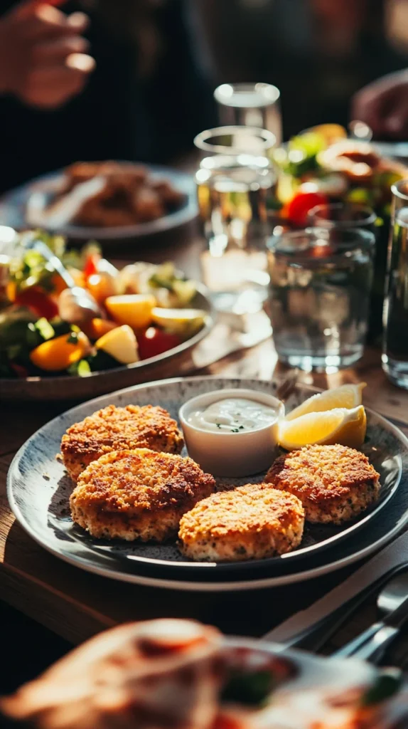 Table set with salmon cakes, salad, and drinks, ready to serve as a complete meal based on a salmon cakes recipe