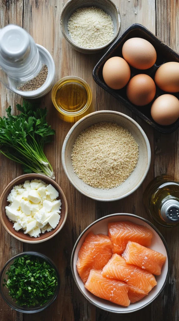Ingredients for salmon cakes recipe laid out on a wooden surface, including flaked canned salmon, eggs, breadcrumbs, herbs, and seasoning very nice