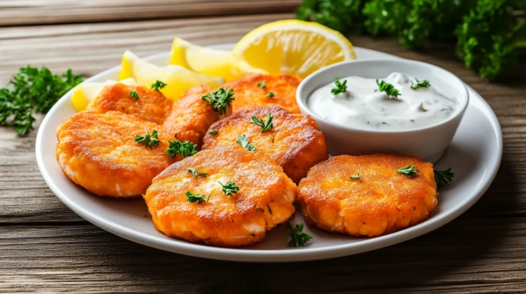 crispy golden salmon cakes served on a white ceramic plate with lemon wedges and parsley, with a bowl of creamy dipping sauce, overhead view