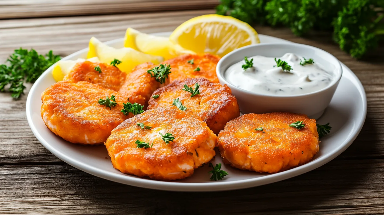 crispy golden salmon cakes served on a white ceramic plate with lemon wedges and parsley, with a bowl of creamy dipping sauce, overhead view