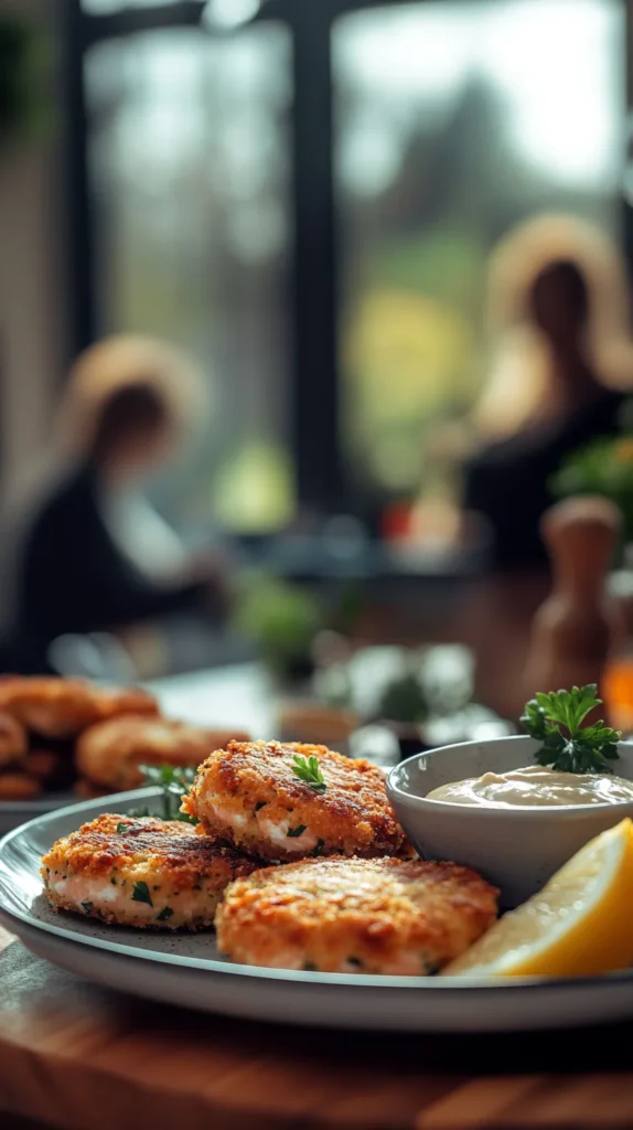 Close-up of crispy salmon cake with flaky interior and garnishes, showcasing texture and flavor of the salmon cakes recipe