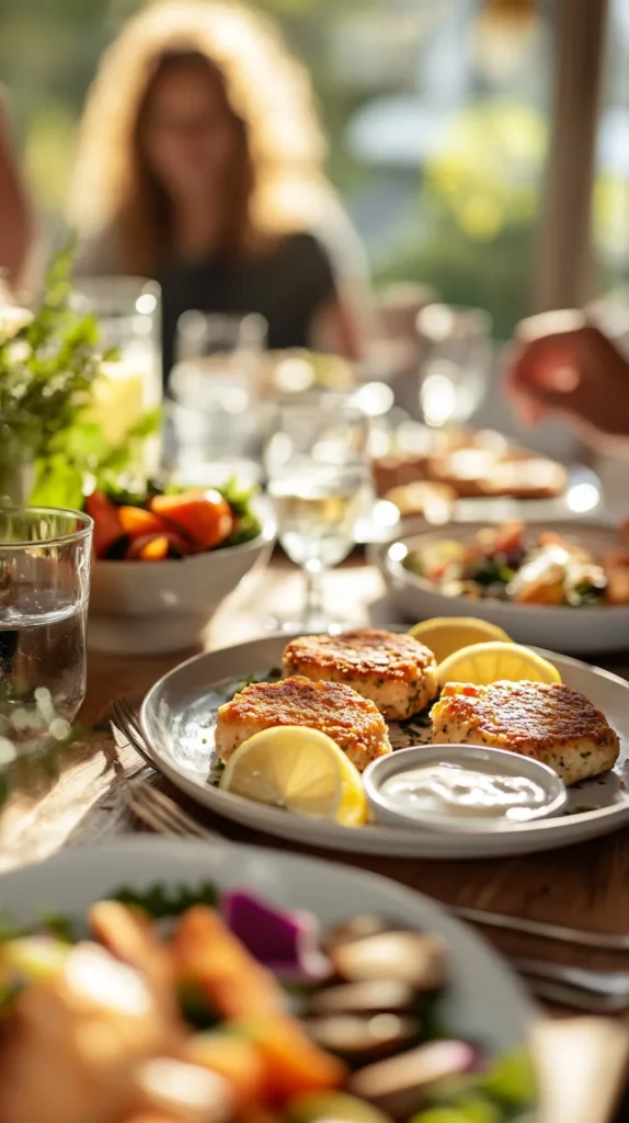 Mini salmon cakes arranged on a platter with toothpicks and dipping sauces, adapted from a salmon cakes recipe