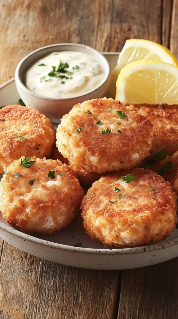 Ingredients for salmon cakes recipe laid out on a wooden surface, including flaked canned salmon, eggs, breadcrumbs, herbs, and seasoning