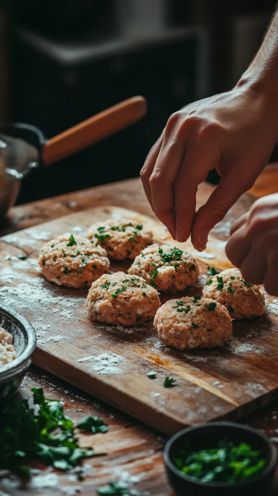 Hands mixing ingredients for salmon cakes recipe in a large bowl with salmon, breadcrumbs, parsley, and eggs