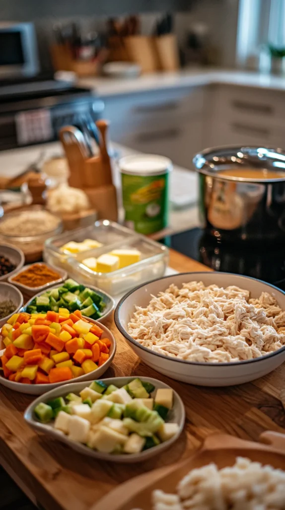 Flat lay of ingredients for TikTok Chicken Cobbler recipe including shredded chicken, frozen vegetables, biscuit mix, broth, and soup