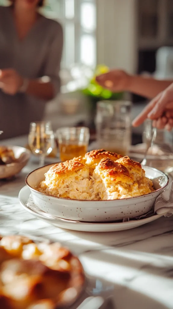 TikTok Chicken Cobbler recipe served at a dinner table with people blurred in the background enjoying a cozy meal