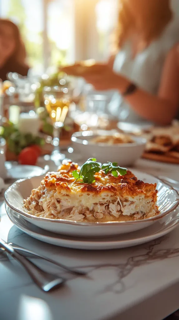 TikTok Chicken Cobbler recipe served in a white ceramic dish on a bright kitchen island with natural light and cozy background setting