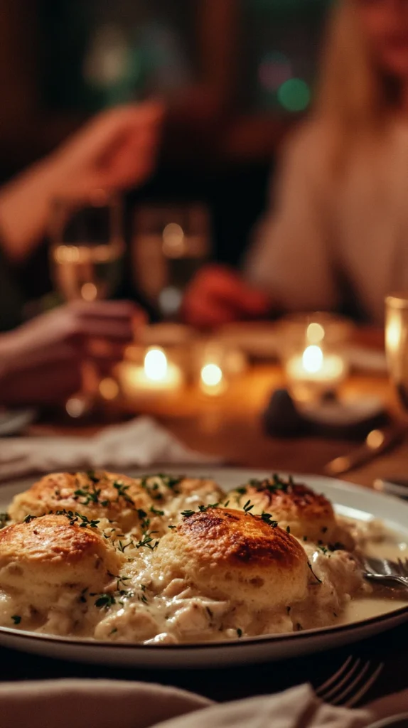 Fully baked TikTok Chicken Cobbler recipe with golden biscuit crust and creamy chicken filling, fresh from the oven in a ceramic baking dish
