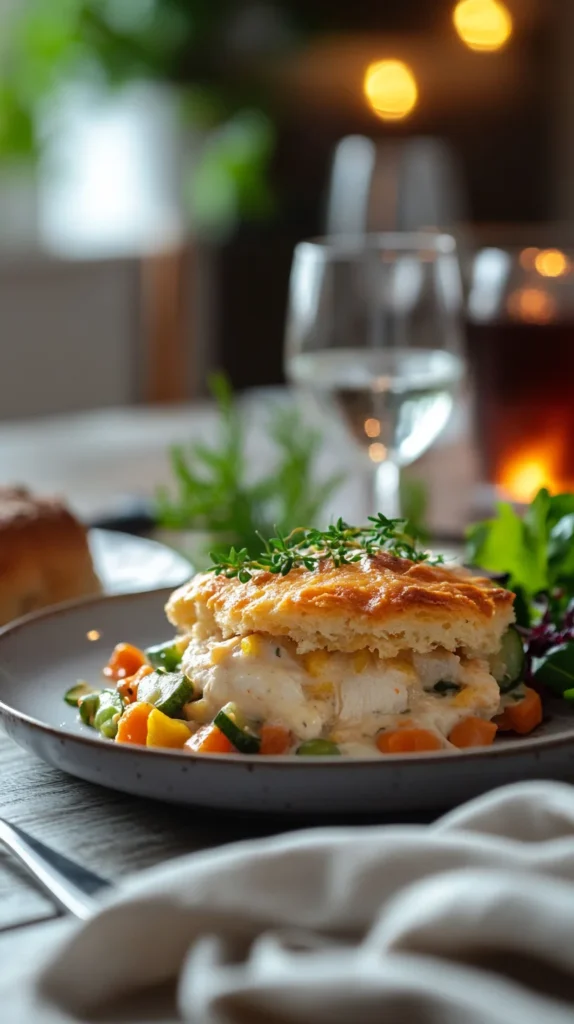 Close-up of plated TikTok Chicken Cobbler recipe with golden biscuit crust, creamy chicken filling, and fresh herb garnish