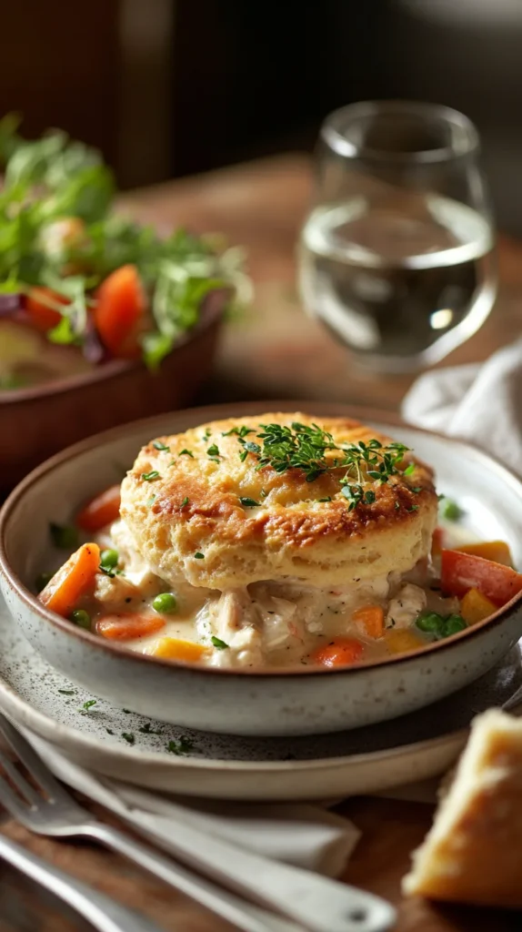 TikTok Chicken Cobbler recipe hot out of the oven, served with side salad and cutlery on a stylish modern kitchen counter