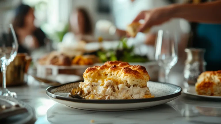 TikTok Chicken Cobbler recipe served on a ceramic plate with golden biscuit topping, creamy chicken and vegetables inside, with blurred people enjoying the meal in the background