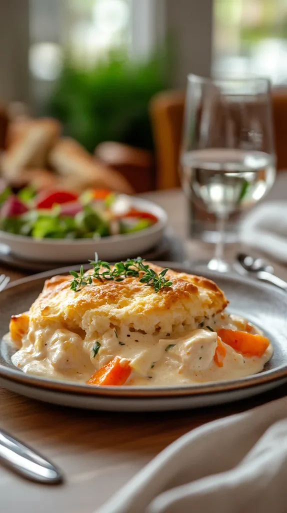 Overhead photo of fully baked TikTok Chicken Cobbler recipe in a white casserole dish on a wooden table