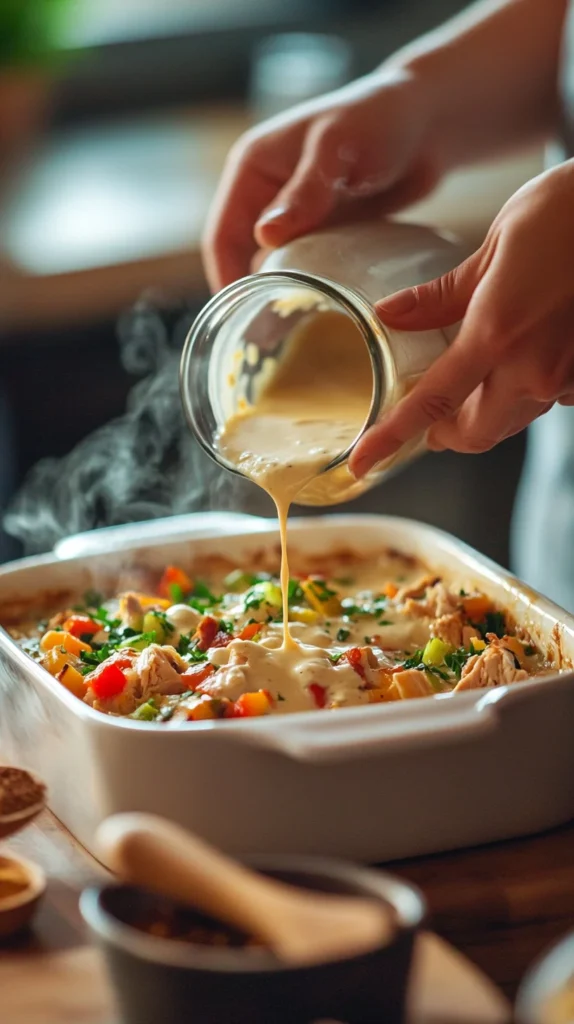TikTok Chicken Cobbler baking in the oven with golden crust forming on top, viewed through oven window