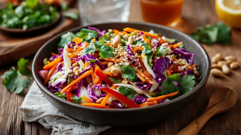 Colorful Asian salad recipe in a ceramic bowl with cabbage, carrots, peppers, peanuts, and sesame seeds, served fresh with sesame-ginger dressing.
