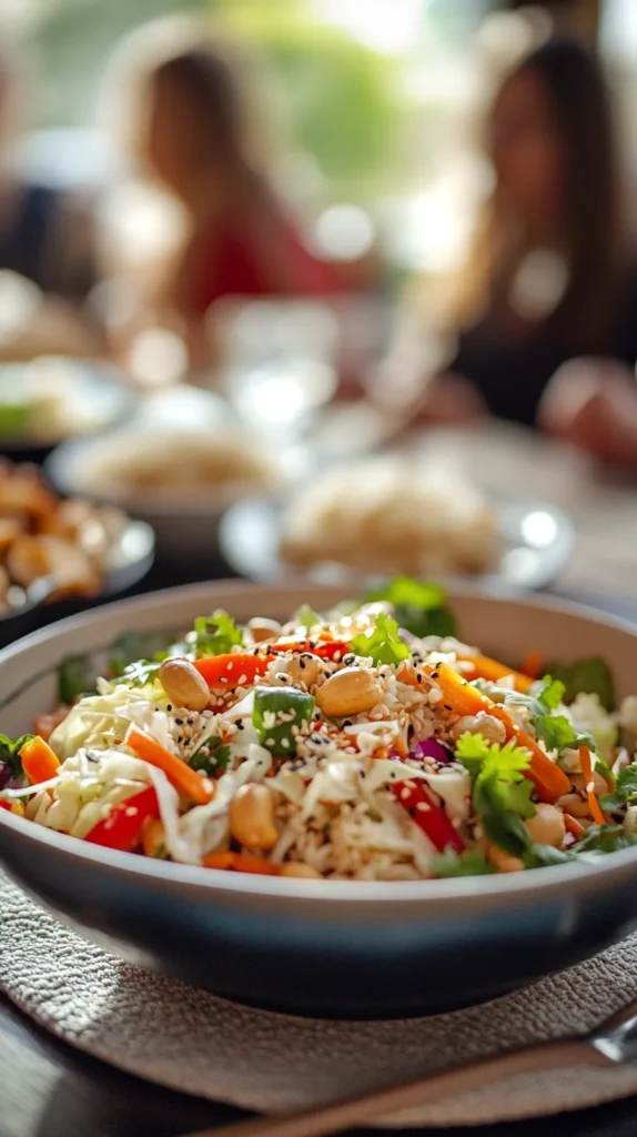 Served Asian salad recipe in a deep ceramic bowl, featuring colorful vegetables, peanuts, and sesame seeds with a light sesame dressing.