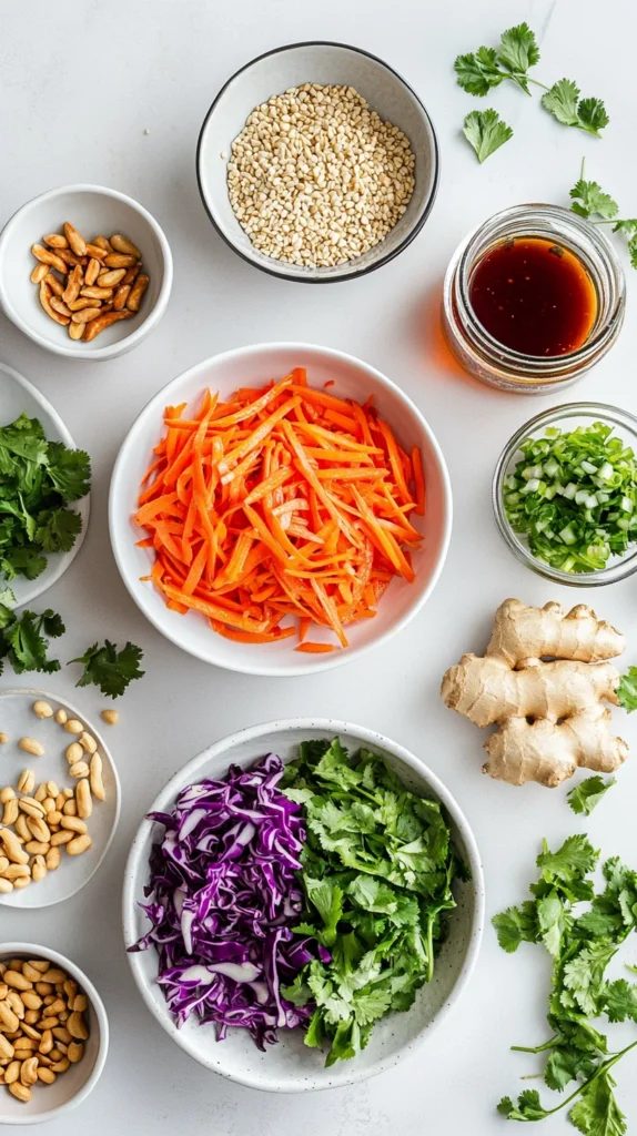 Flatlay of fresh ingredients for an Asian salad recipe, including cabbage, carrots, bell pepper, cilantro, sesame seeds, and peanuts on a clean kitchen surface.