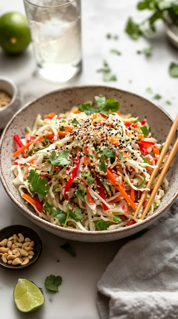 Asian salad recipe served with a side of jasmine rice and chopsticks, styled with natural lighting and vibrant plating.