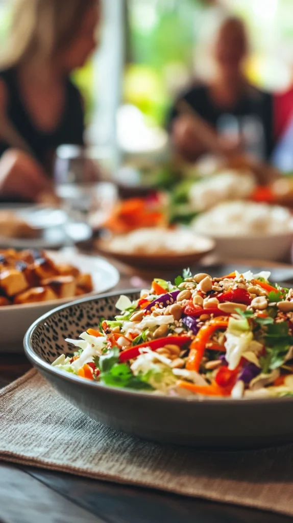 Gourmet-style Asian salad recipe plated with grilled tofu and lime wedges, presented on a minimalist stone table for a fresh and elegant look.