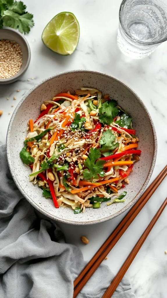 Close-up of a vibrant Asian salad recipe garnished with microgreens, peanuts, and chili flakes, highlighting texture and freshness.