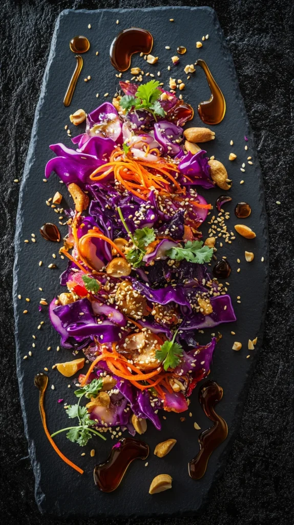 Colorful Asian salad recipe served outdoors on a sunlit patio table, paired with grilled shrimp skewers for a balanced summer meal.