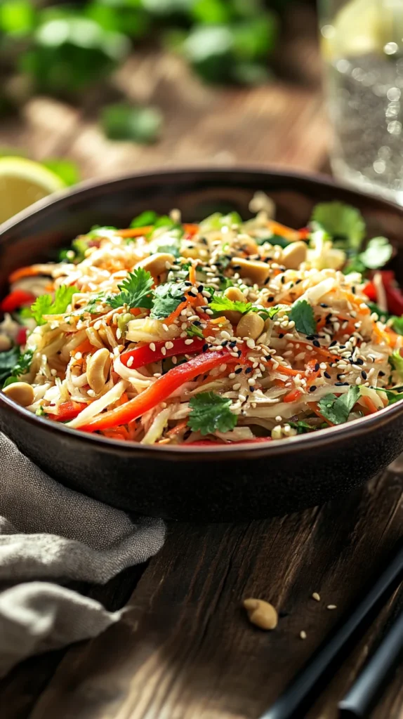 Asian salad recipe in a white porcelain bowl, topped with fresh herbs and sesame-ginger dressing, served with a sparkling lime drink.