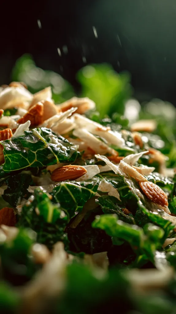 Minimalist photo of the Chick Fil A kale salad recipe in a stoneware bowl with linen napkin and fork placed beside.