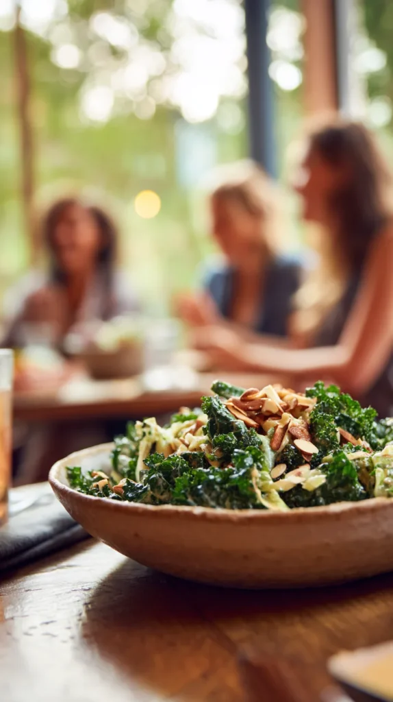 Overhead view of the finished Chick Fil A kale salad recipe with crisp greens and crunchy almonds on a rustic wooden table.