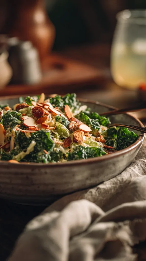Chick Fil A kale salad recipe freshly plated and ready to serve, with light dressing and a crunchy topping of salted almonds.