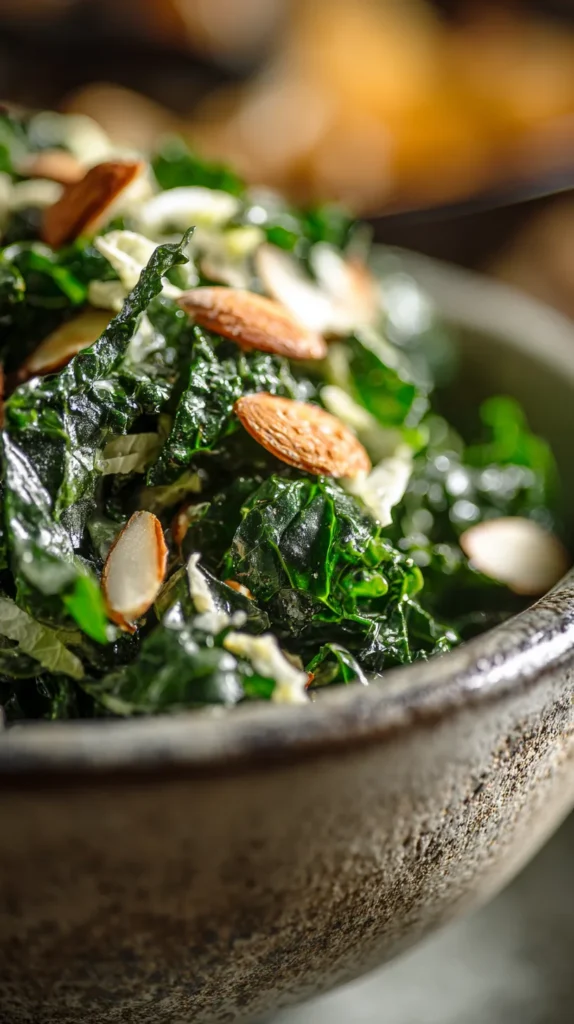 Side angle shot of Chick Fil A kale salad recipe served as a side dish next to grilled chicken, perfect for a healthy homemade lunch.