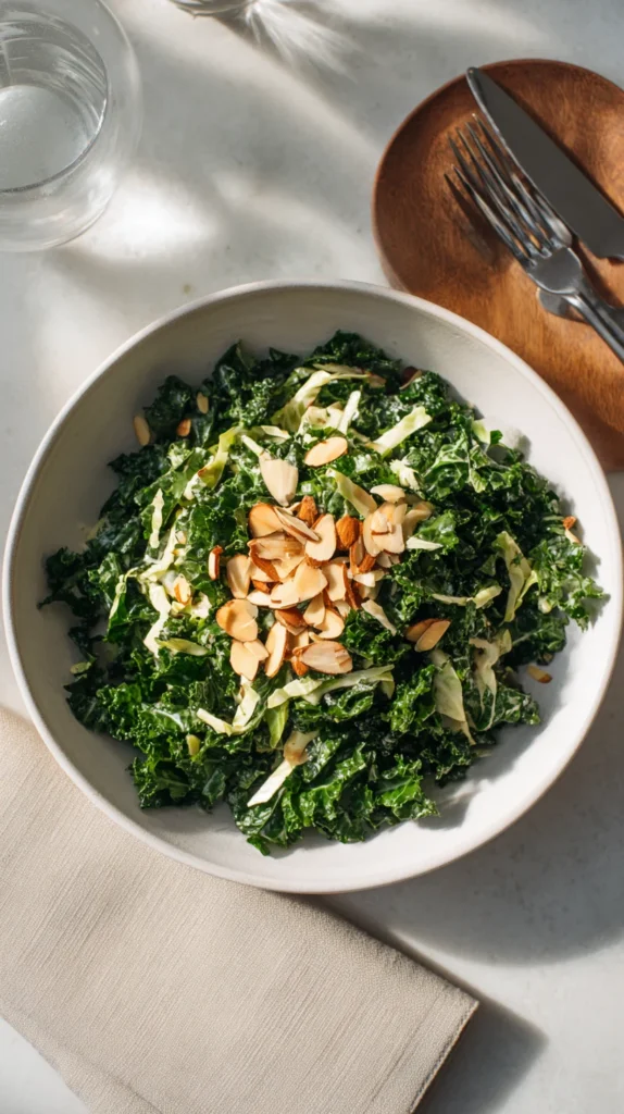 Close-up of Chick Fil A kale salad recipe in a white bowl with fresh greens glistening under natural light and almonds on top.